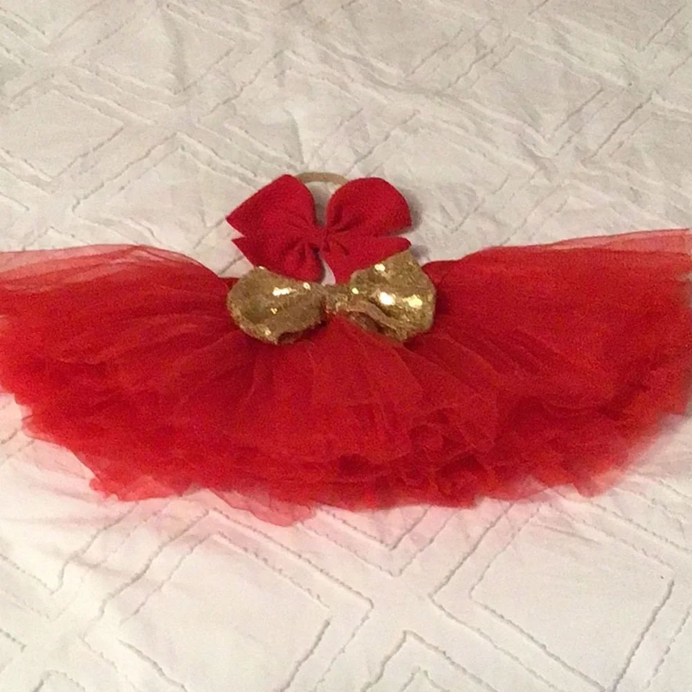 Red tulle tutu skirt with gold sequin bow and red headpiece
